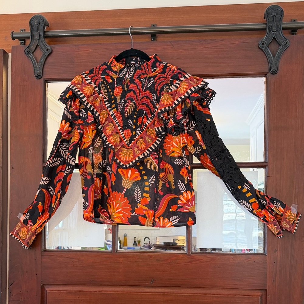 Farm Rio Floral Ruffle Women's Top - Black and Orange